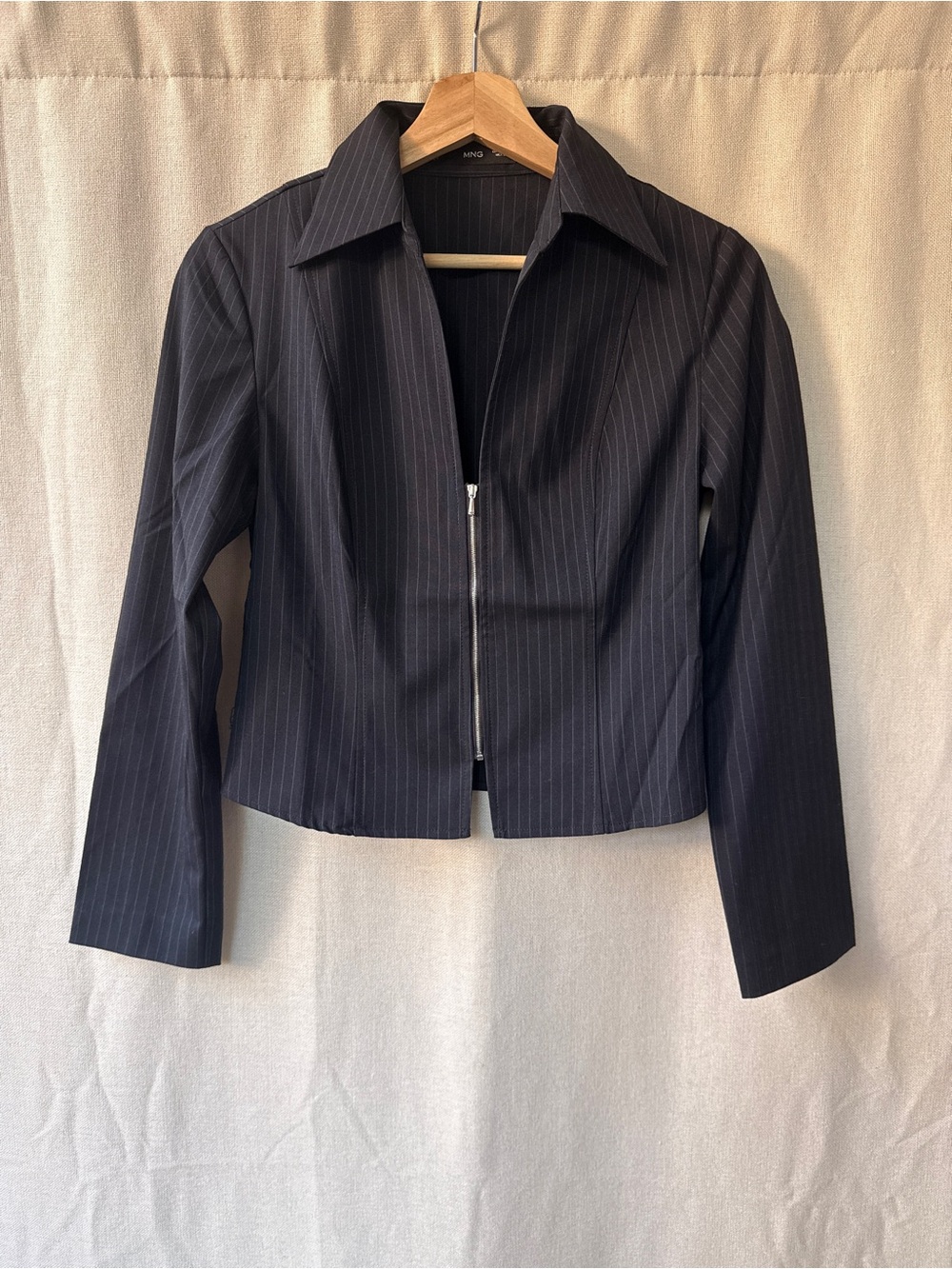Mango Navy Pinstripe Zip-Front Blazer